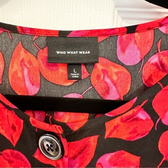 Who What Wear Long Sleeve Bold Button Dress Black Red Floral Leaf sz Large - Picture 6 of 8